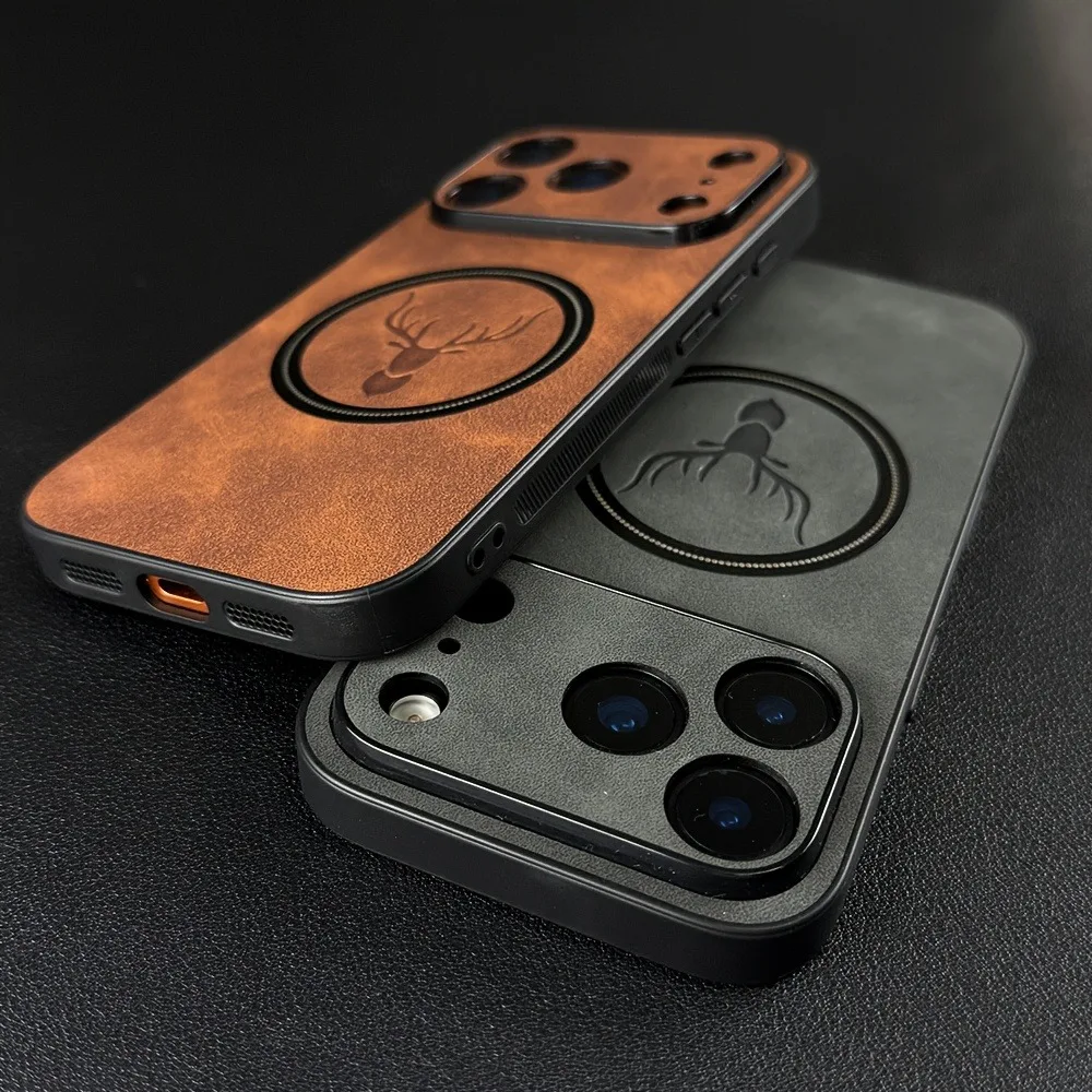 Кожаный чехол для телефона с магнитным рисунком головы оленя для iPhone 17, 16, 15, 14, 13, 12, Pro Max Plus 17 Pro Air, противоударный Чехлы Magsafe, чехол на iphone 17 16 pro max (art.: 3920d32b9dfd7) - 3920d32b9dfd7