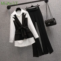 2022 autumn new slim shirt black pants suit womens casual tophigh waist flared trousers two piece korean elegant business wear