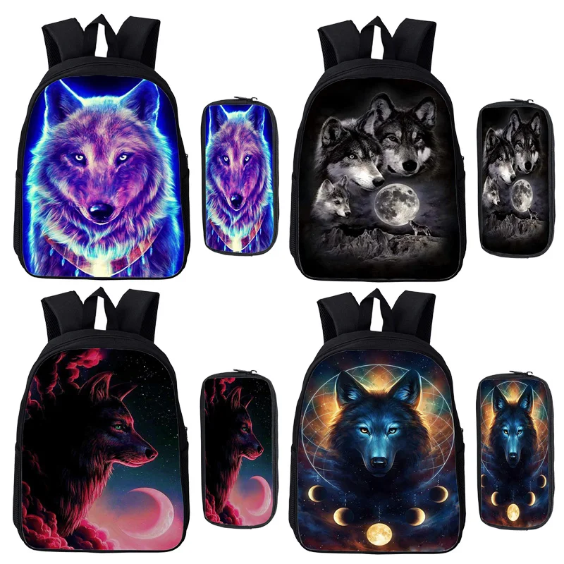 

Mochila Animal Lion Wolf Backpack Students 2 Pcs Set Book Bags Pen Bags Boys Girls School Bags Teens Travel Bags Casual Rucksack