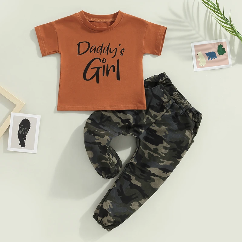 

2023-01-02 Lioraitiin 2-7Years Toddler Girls 2Pcs Summer Outfit Sets Short Sleeve Daddy Letter Print Tops + Camouflage Pants