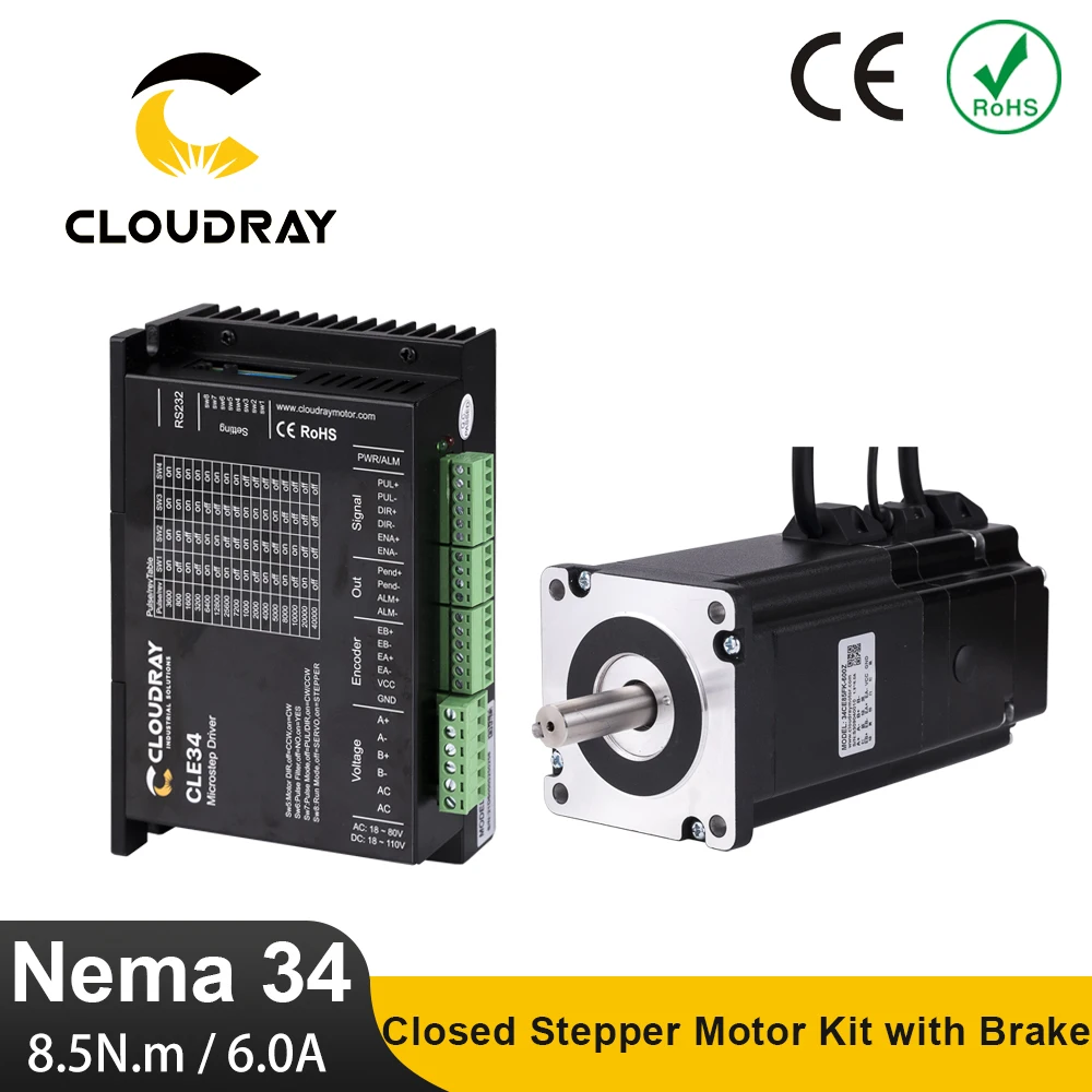 

Комплект шагового двигателя Cloudray Nema 34 с замкнутым контуром, 1,5 нм, а, с тормозом и закрытым драйвером CLE34, кабель энкодера м