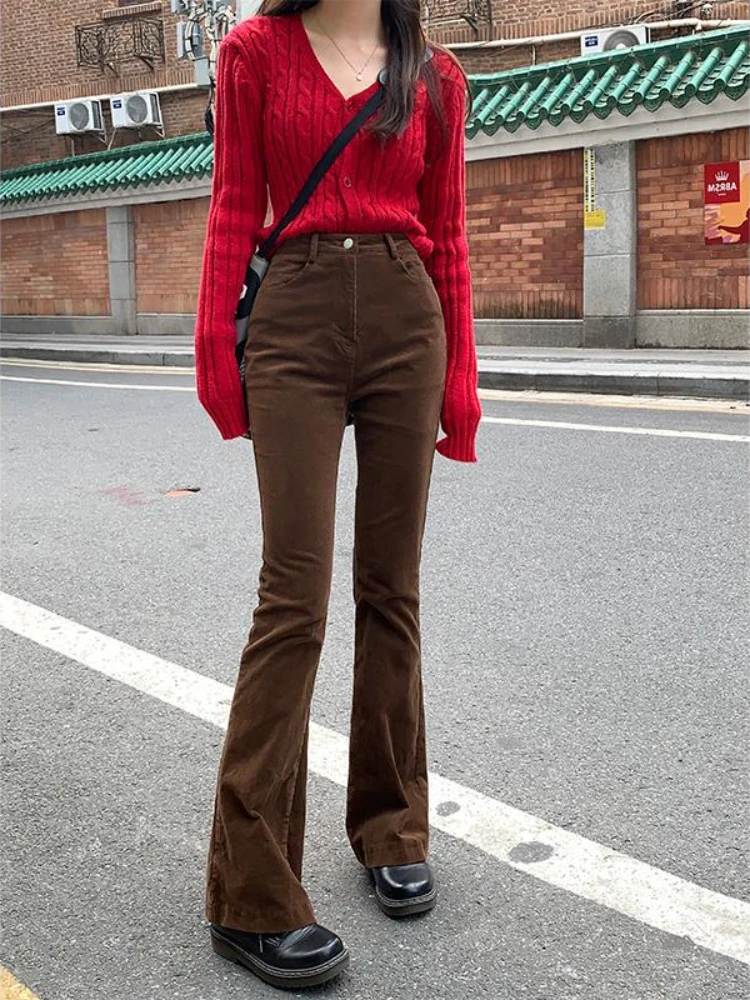 Retro High Waist Micro Flare Corduroy Trousers New Spice Girl Hong Kong Casual Stretch Flare Pants