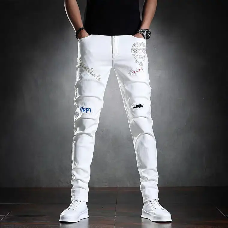 

Autumn new white jeans men's small feet broken hole jeans men