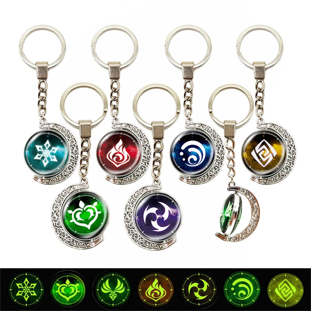 360° Rotatable Double Sided Game Genshin Impact 7 Element Luminous Keychain God's Eye Key Holder For Men Anime Key Ring Gift