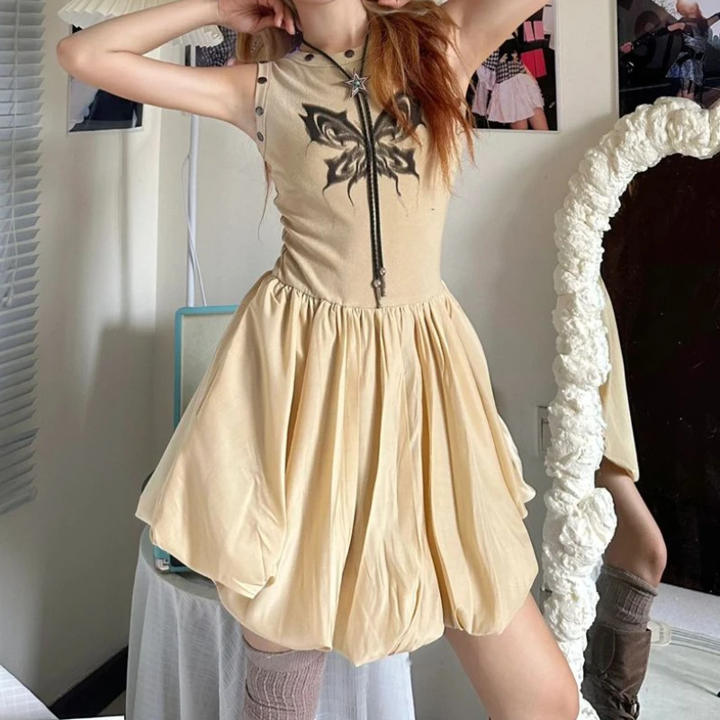 

HOUZHOU Butterfly Print Mini Dress Women Summer Vintage Punk Rivet O-Neck Sleeveless Fluffy A-line Dress Harajuku Y2k Streetwear