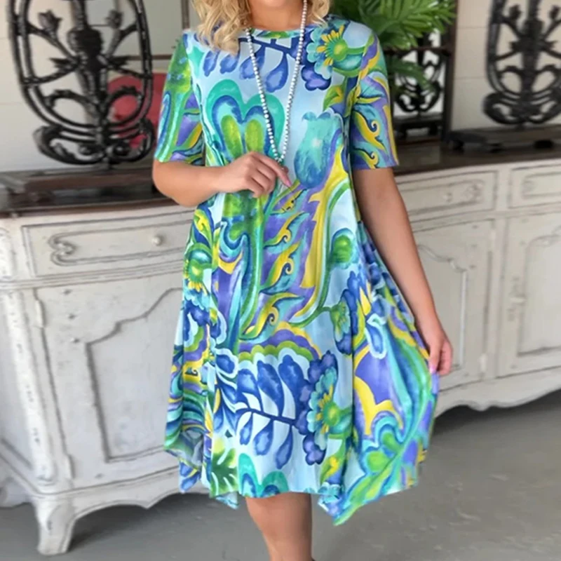 

Spring Fashion Floral Print A-Line Long Dress Women O Neck Elegant Party Maxi Dress Summer Short Sleeve Loose Boho Office Dress