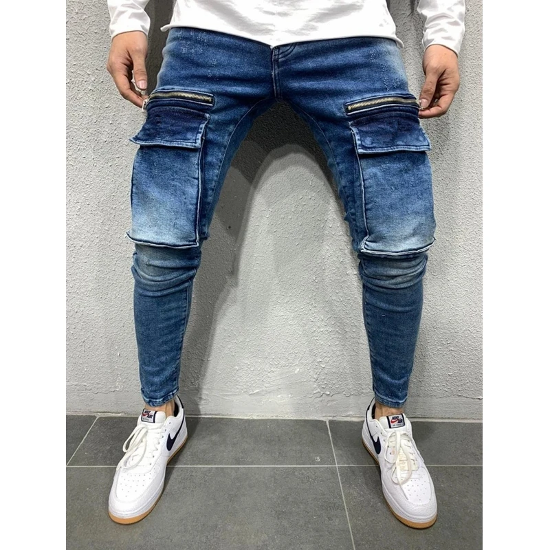 Men Jeans Spring Solid Slim Pocket Stitching Jeans Men Button Mid Waist Zipper Denim Pencil Pants Trousers Sports Hip-Hop Jeans