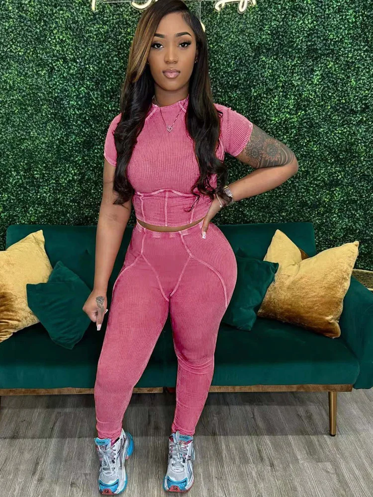 Beyprern Повседневный укороченный топ в рубчик и подходящие леггинсы комплект из