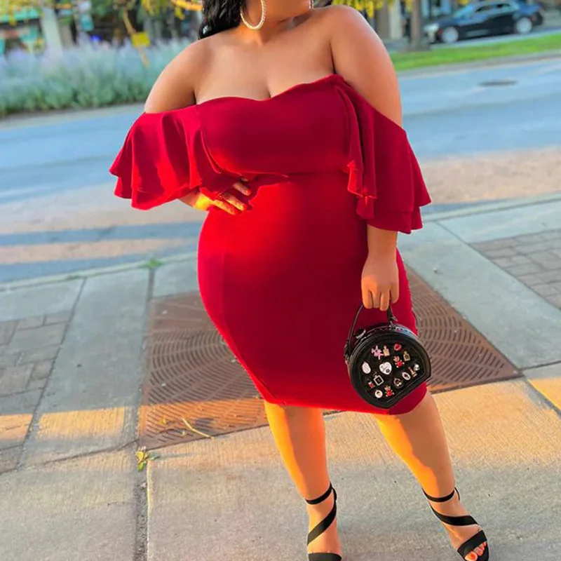 Sexy Plus Size Clothes Women Summer Autumn Double-deck Ruffles One Word Neck Backless Bag Hip Irregular Party Slim Short Dress