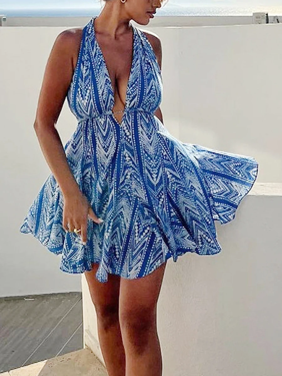 

Sexy Women Deep V Neck Boho Backless Halterneck Mini Dress Backless Short Tie-up Printed Dress Party Beach Summer Vacation