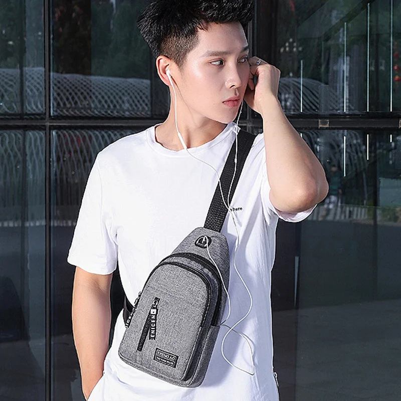 New Fashion Men's Chest Bag Sports USB Charging Shoulder Bag Multi Function Man Travel Crossbody Bag Casual Sling Bag