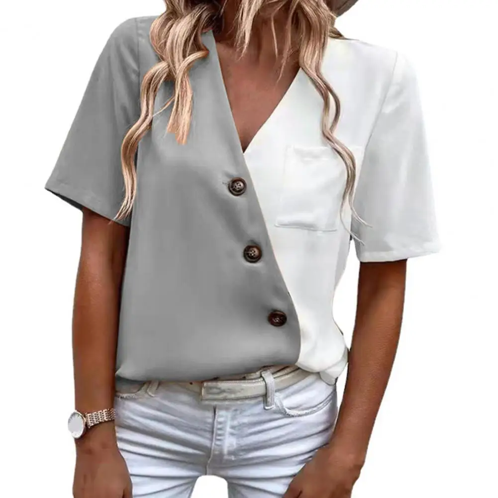 

New Hot Women's Summer Stitching Short Sleeve V-Neck Buttons Decor T-Shirt Women Color Block Pullover Loose Tops Streetwear