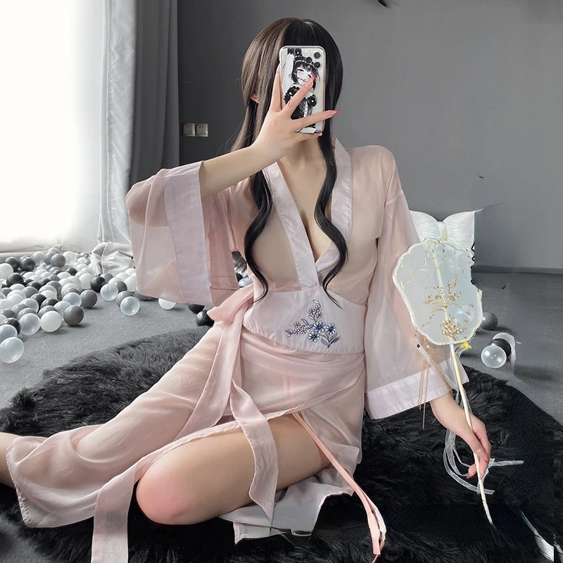 

New Erotic Lingerie Sexy Perspective Chinese Style Long Skirt Embroidered Hanfu Suit Dress Uniform Schoolgirl Costume