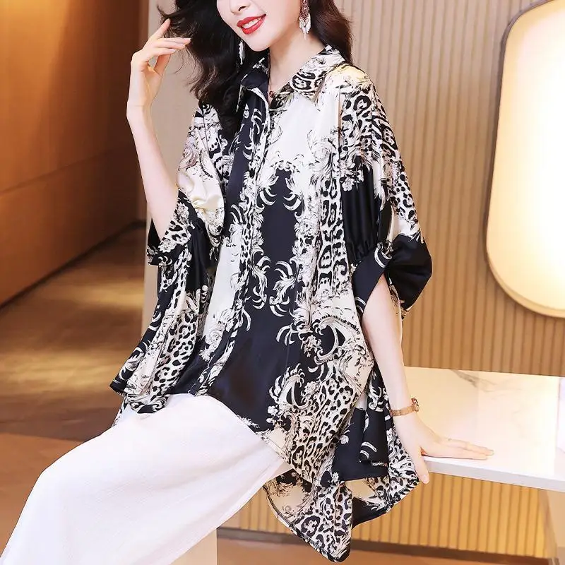Женская шифоновая блузка в стиле ретро рубашка большого размера с леопардовым