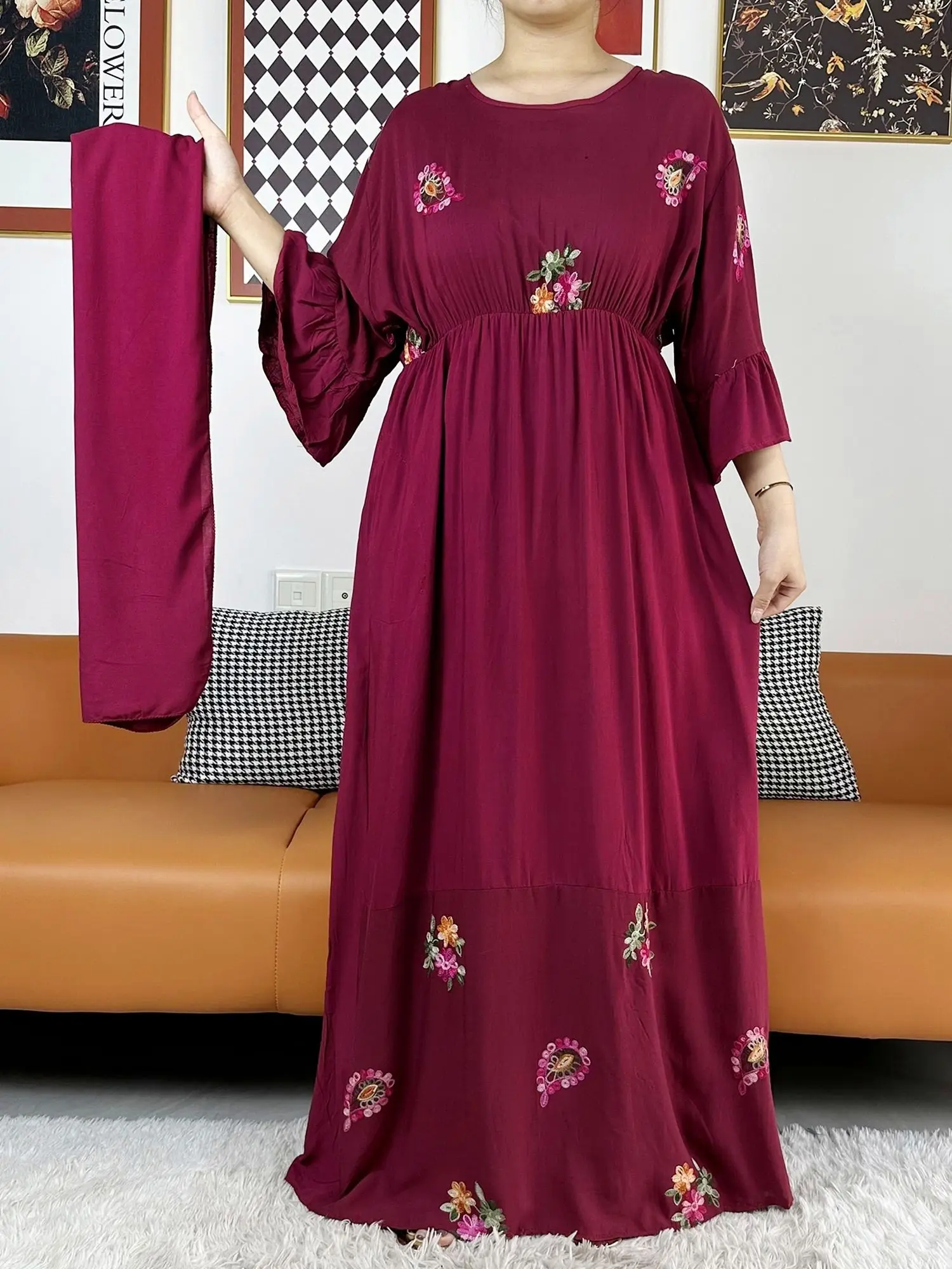 2023 New Muslim Women Long Sleeve Dashiki Dress Solid Embroider Floral Boubou Maxi Islam Women Dress African Abaya Clothes