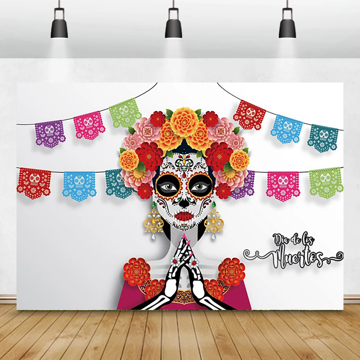 

Day Of The Dead Rose Backdrop Mexican Sugar Skull Bride Fiesta Marigold Photography Carnival Dress-up Dance Party Background