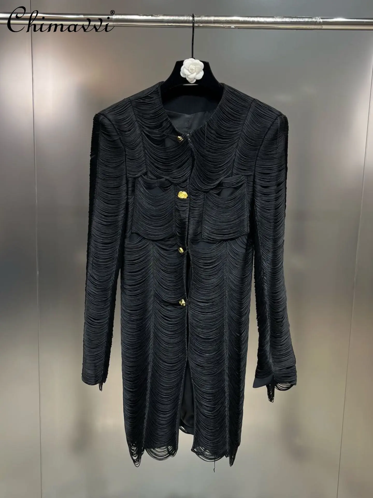 

Fashion Dress Women 2022 Autumn Crew Neck Padded Shoulder Long Sleeve Striped Tassel Decorative Elegant Slim Short Black Dress