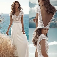 boho backless v neck chiffon wedding dress for women beach cap sleeve bridal a line vintage lace cut out ivory vestidos de novia