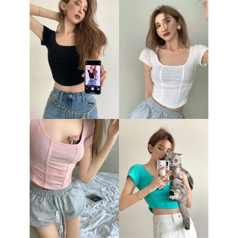 

Vintage Round Neck Style Slim Short T-shirt