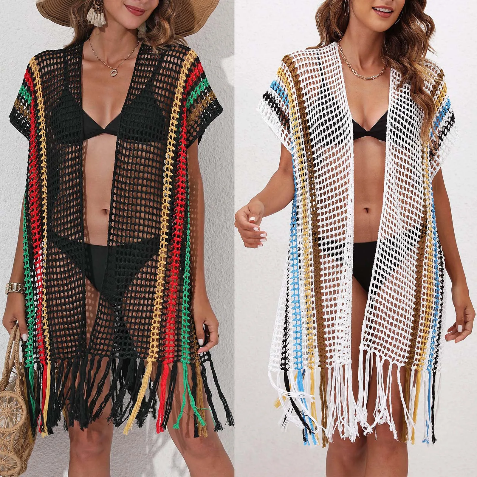 

Women Beach Tassels Crochet Cover Up Dress Open Front Cardigan Flowy Bathing Suit Female 2023 New Hollow Out Knitted Beachwear