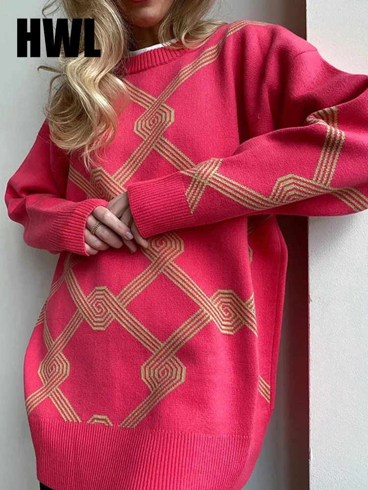 

Женский свитер с принтом, пуловер, вязаный, геометрический, длинный рукав, зимний, свободный, женский свитер, 2022, новый, модный, женский джемпер, Топ