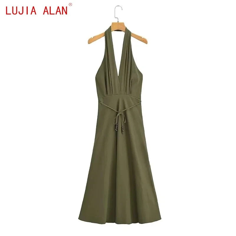 

Autumn New Women's V-neck Belt Halter Midi Dress Female Casual Sexy Backless Side Zipper Loose Vestidos LUJIA ALAN WD3157