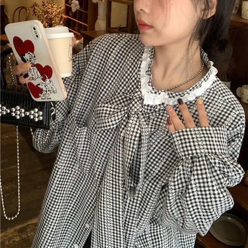 Свободная блузка с кружевом для поездок на работу клетчатая женская одежда