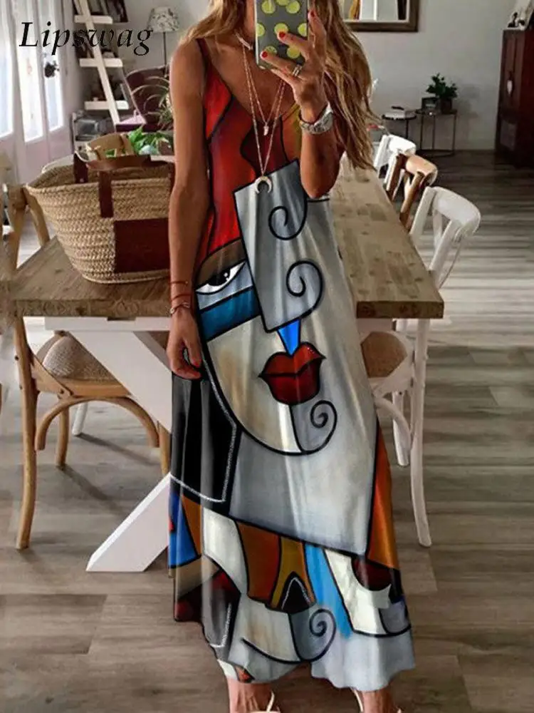 

Женское платье-макси с круглым вырезом, длинным рукавом и принтом лица