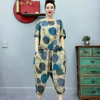 mothers summer cotton linen suit middle aged and elderly womens new loose print set casual tops and pants two piece set