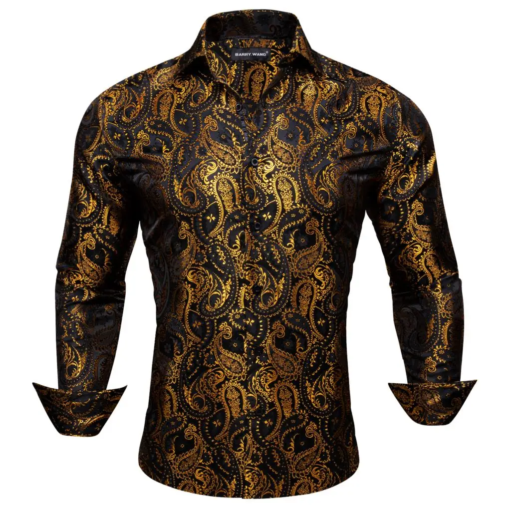 

Luxury Shirts for Men Silk Gold Black Paisley Long Sleeve Slim Fit Male Blouses Lapel Breathable Tops Casual Barry Wang