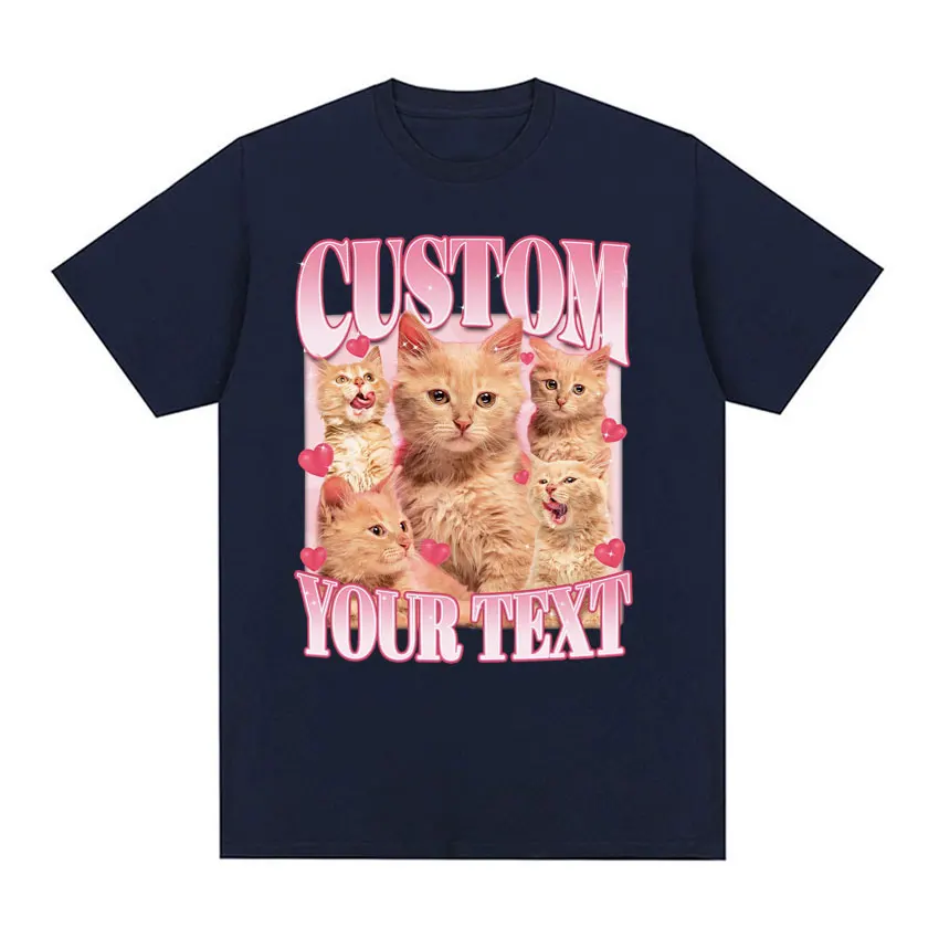 Футболка мужская с рисунком кошки и надписью на заказ модная винтажная тенниска