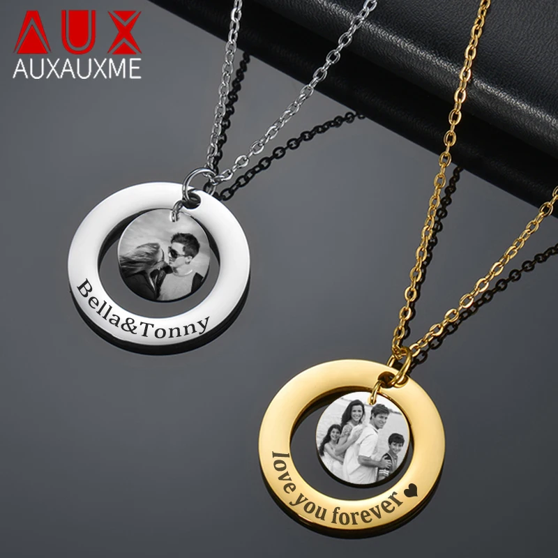 

Auxauxme Custom Photo Names Round Pendant Necklace Personalized Stainless Steel Laser Engraving Logol Text Double Circle Collas