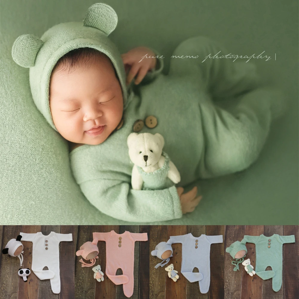 Dvotinst Baby Newborn Photography Props Cute Animals Bear Outfits Bonnet Doll Set 3-piece Fotografia Studio Shooting Photo Props