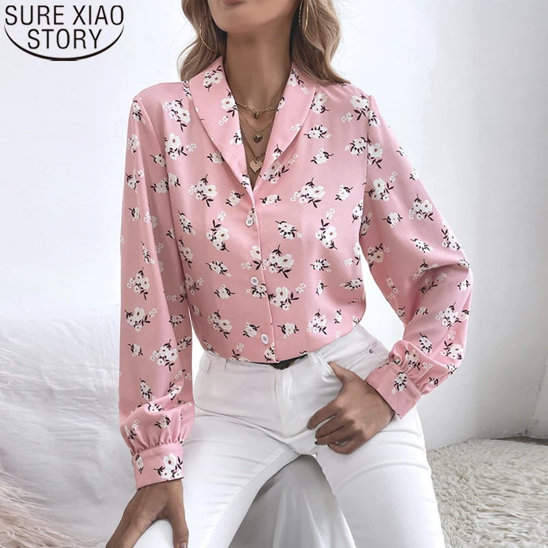 

Elegant Office Lady Floral Shirt Women Clothing Casual Loose Spring Long Sleeve Print Blouse Fashion Tops V-neck Blusas 21696