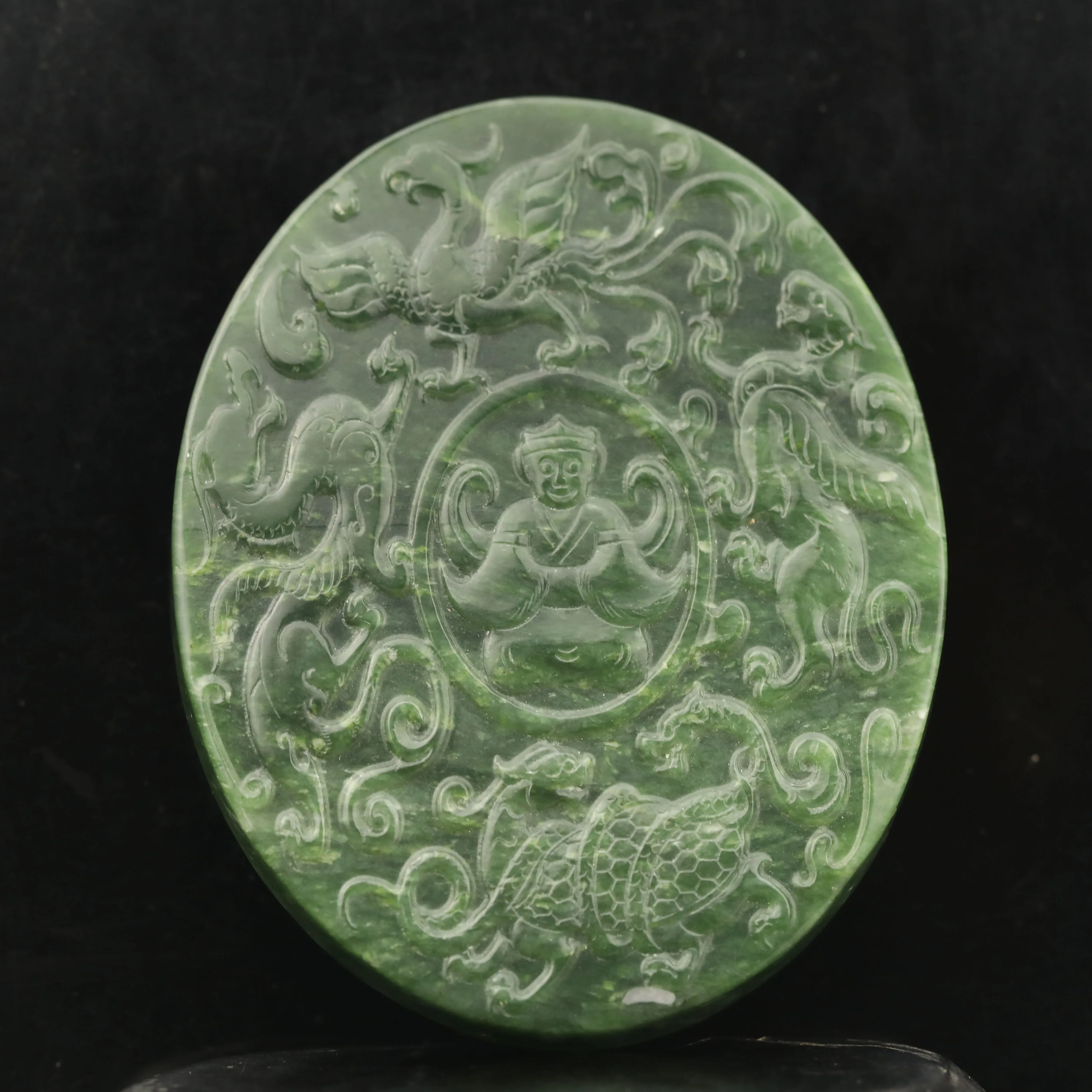 

Old China Natural hetian green Jade Hand Carved statue buddha and dragon plate bi #38