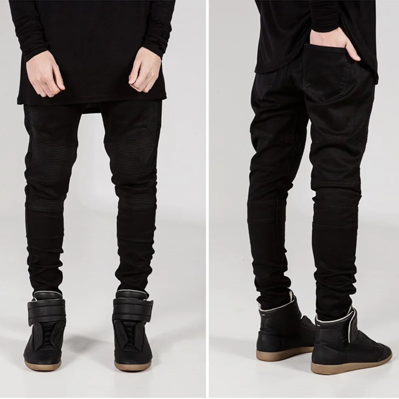 Motorcycle Pants Pleated Slim Pencil Pants Men Jeans Solid Color Skinny Jeans Men Streetwear Full Length Casual Trousers