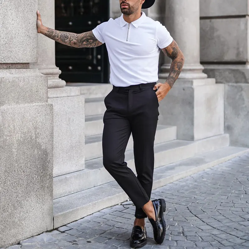 Рубашка-поло мужская с коротким рукавом уличная одежда на молнии в стиле ретро