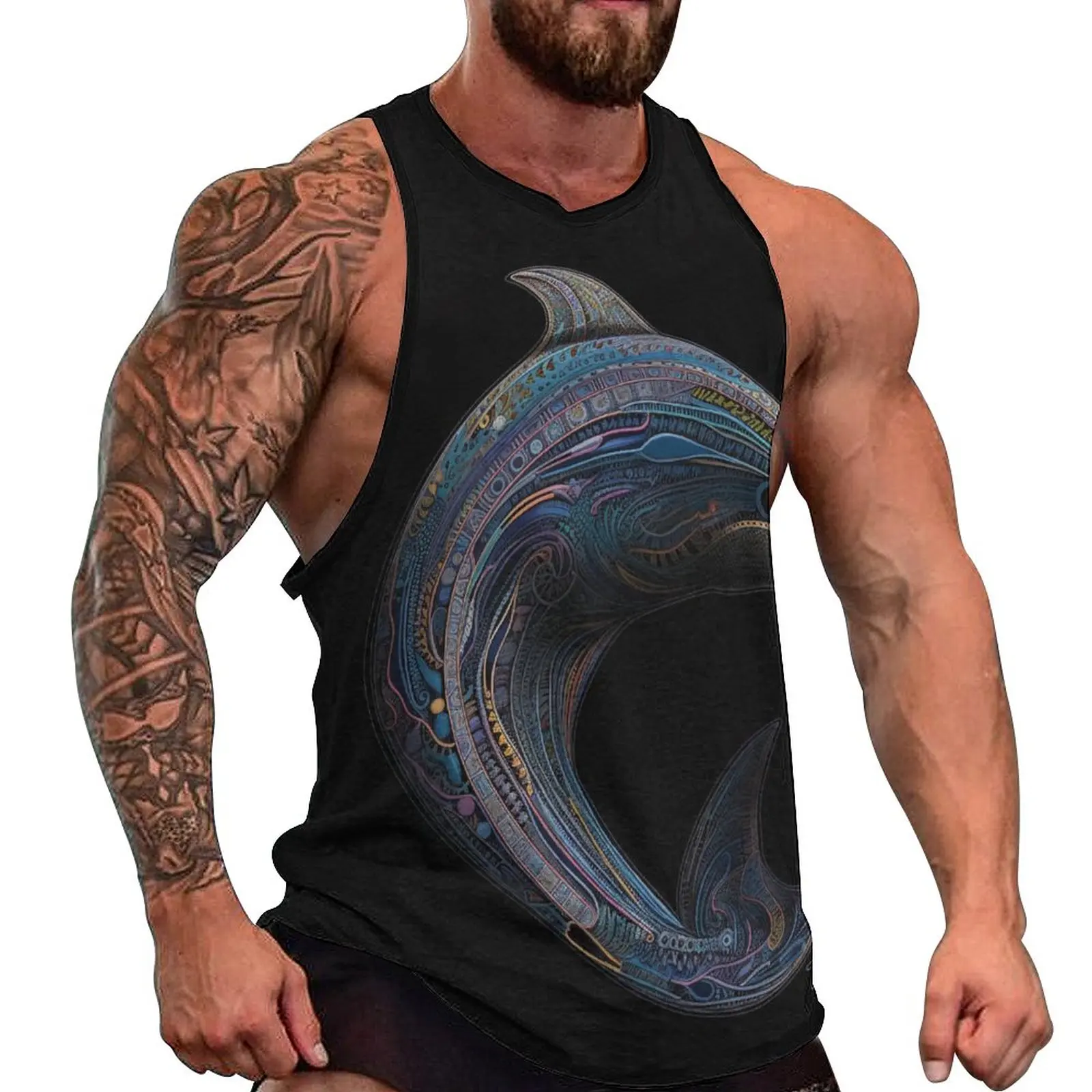 

Dolphin Tank Top Man Art Illustration Intricate Lines Sportswear Tops Summer Bodybuilding Custom Sleeveless Shirts Plus Size