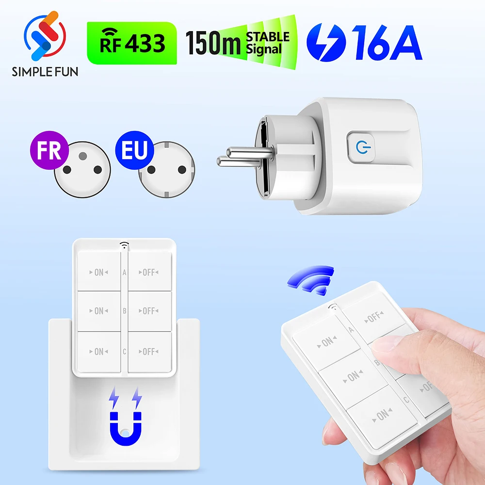 

RF Wireless Socket Remote Control 16A 220V 433Mhz Smart Plug EU FR Wall Push Button Switch Electrical Outlet for Home Appliance
