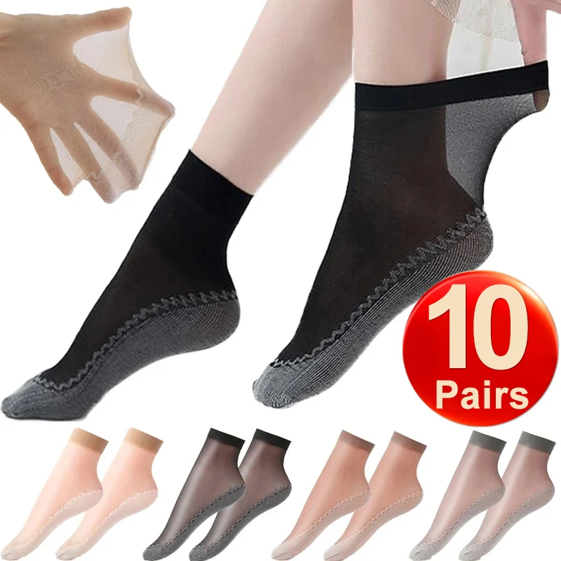 

10Pairs Summer Soft Silk Socks Women Cotton Breathable Bottom Non-Slip Transparent Thin Socks Ladies Short Sock Nylon Slippers