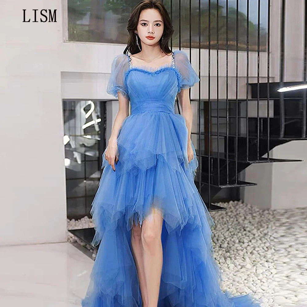 

LISM Blue Elegant Sweetheart Quinceanera Dress Short Sleeves Tulle Homecoming Dresses Tiered High And Low A-line Custom Made