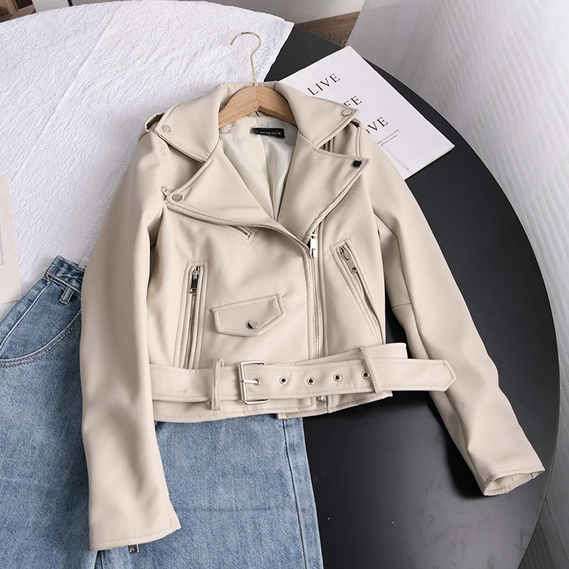 2023 Winter Fall Soft Faux Leather Short Jacket with Belt Women Lapel Pu Leather Coat Black Zipper Moto Biker Outwear Za Jacket
