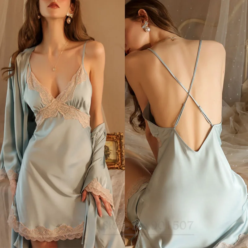 

Костюм женский атласный с кружевной отделкой, пикантная одежда для сна, домашняя рубашка, кимоно, костюм для отдыха, ночная рубашка, лето