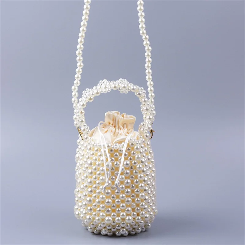 

Korea Fashion Handmade Pearl Beaded Clutch Tote Bag Purse Bucket Pear Stone Purse Wedding Evening Handbag