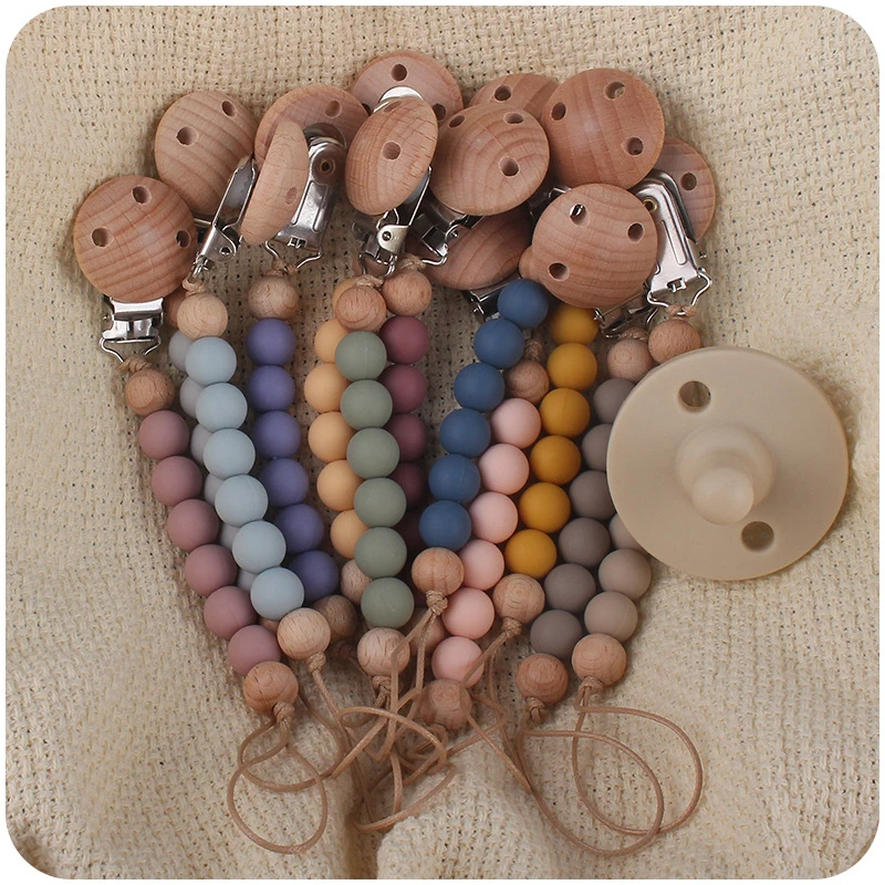 

Baby Pacifier Clips Newborn Silicone Beads Wooden Pacifiers Chain Infant Nipple Appease Soother Chains Clip Dummy Nipples Holder