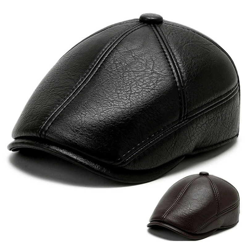 

Men's Leather Baseball Cap Brand New Style PU Leather Beret Newsboy Belt Hunting Gatsby Black Caps Hats Warm