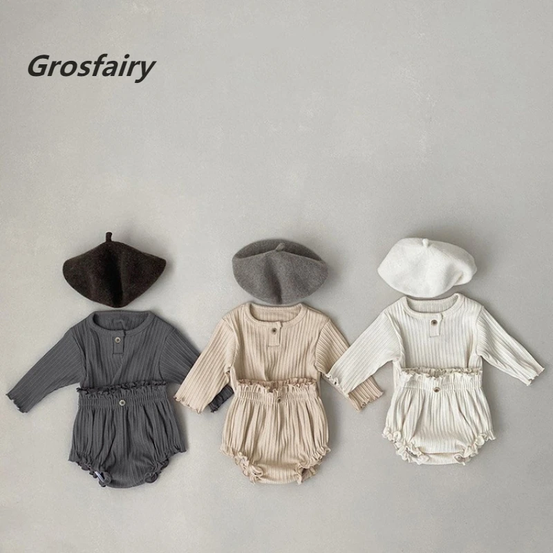 Grosfairy 2022 Newborn Soft Fabric Set Solid Color Long Sleeve Shorts Baby Two Piece Set