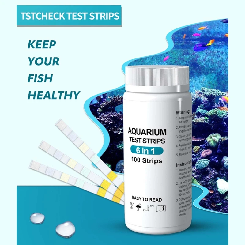 

6-in-1 Aquarium Test Strips 100 Count for Freshwater and Saltwater Tanks Simple Steps Quick Results Water Testing Tool