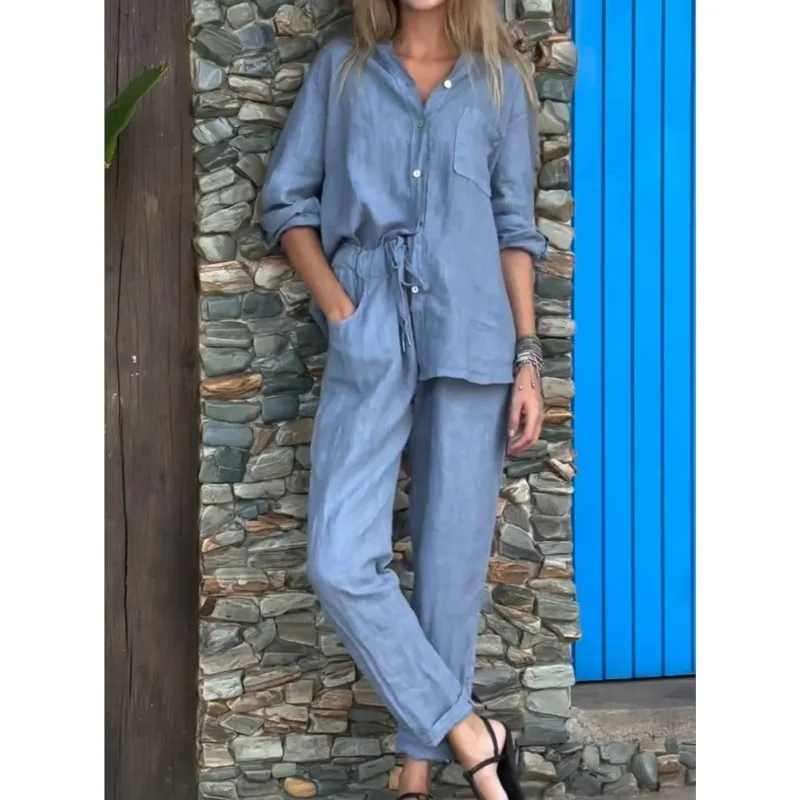 Повседневная однобортная рубашка с воротником-стойкой длинные брюки комплект из