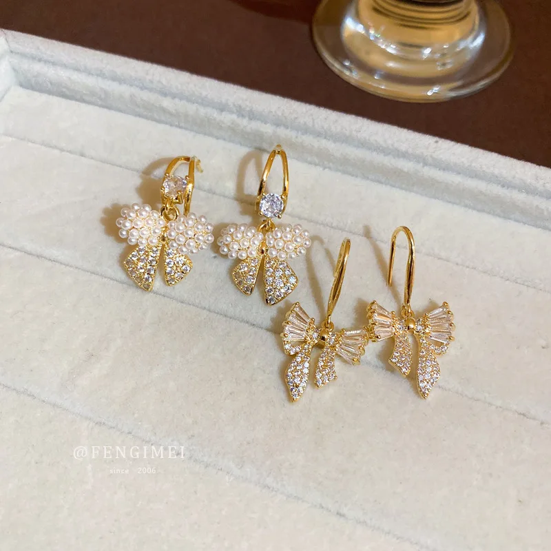 

925 Silver Needle Zircon Pearl Bow Earrings Korean Niche Design Earrings Fashion Temperament Earrings Luxury Jewelry Women